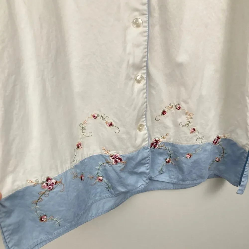 Julianna Rae Womens L Blue & White Floral Embroidered Cotton Pajama Sleep Set